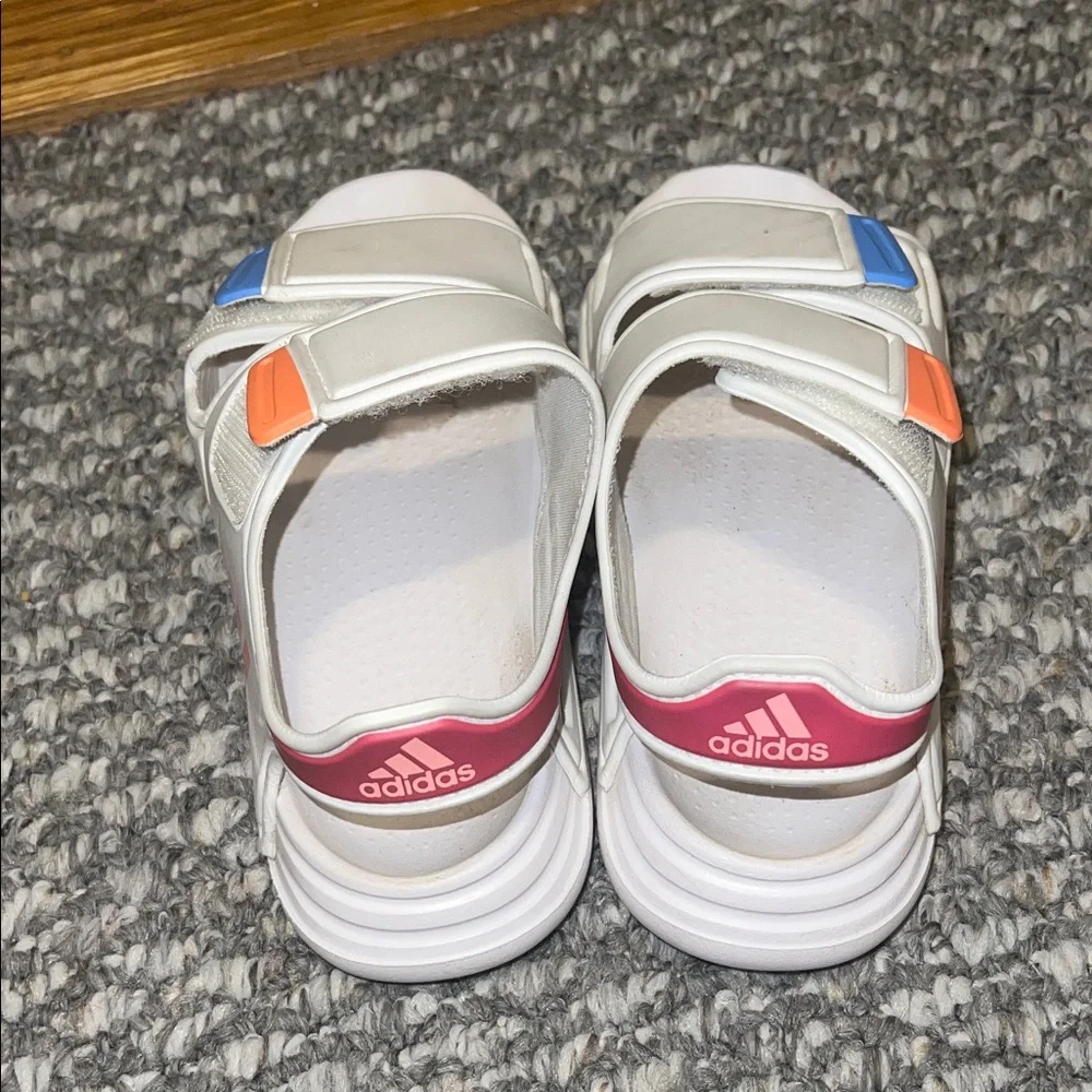 Adidas Kids White Sandals with Blue and Orange Accents